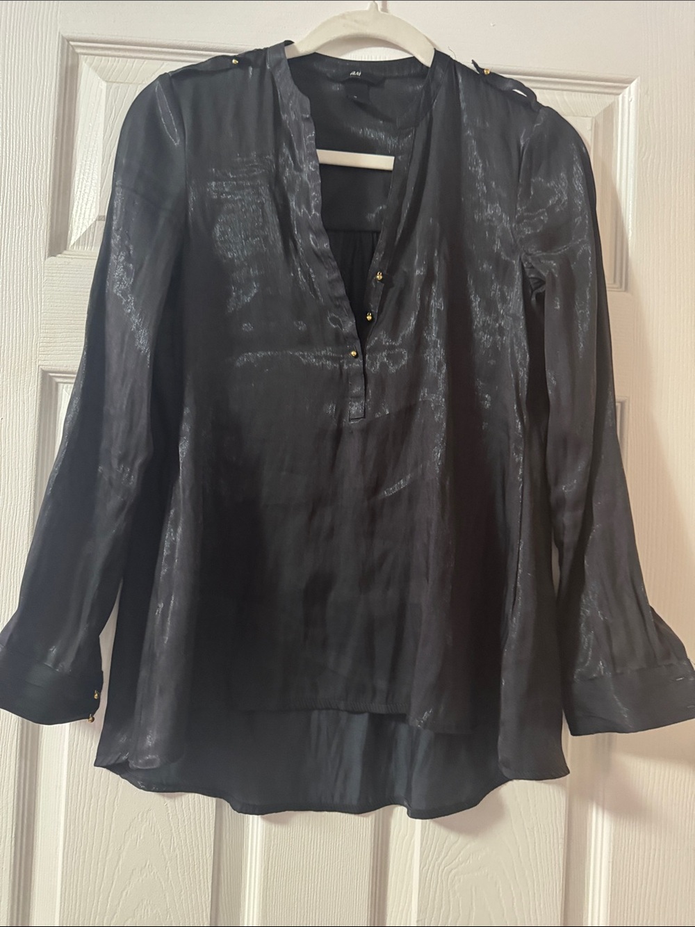 H&M Black Sheer V-Neck Blouse with Gold Button Accents